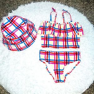 Girls HANNA ANDERSSON Plaid Ruffle Swimsuit Bikini & Bucket Hat sz 6-7/120cm